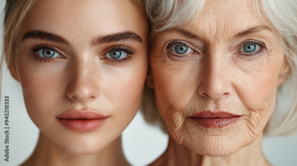 Young woman and her elderly mother take care of their skin and look great,Two generations,Beautiful middle aged mother and her adult daughter,skincare and Aging concept,Comparison of young and old.