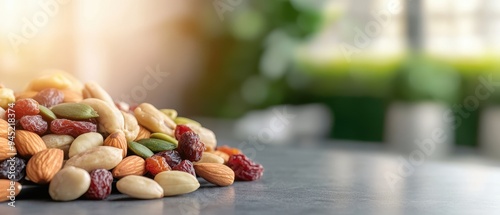 Fototapeta Naklejka Na Ścianę i Meble -  Healthy mix of nuts and dried fruits on a sunlit table