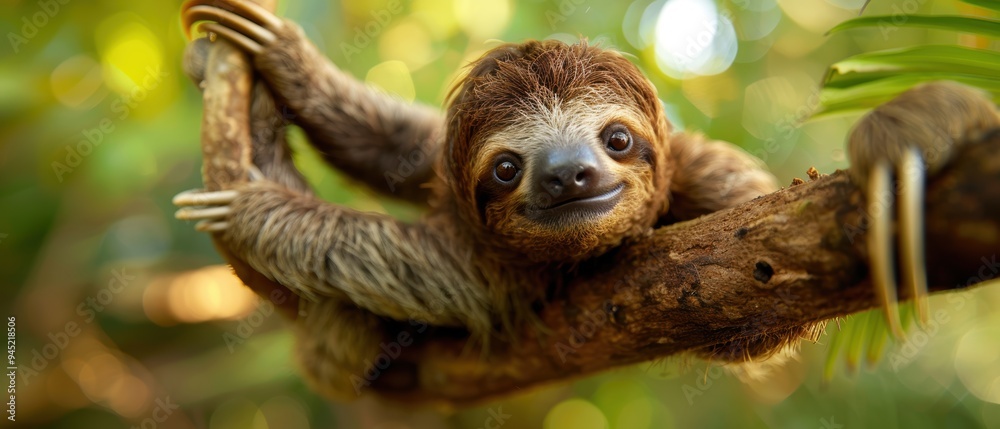 Adorable Baby Sloth Hanging from Tree Branch in Rainforest Habitat Adorable Baby Sloth Hanging from Tree Branch in Rainforest Habitat