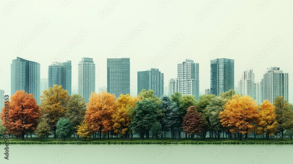 Fototapeta premium A tranquil city skyline framed by autumnal foliage
