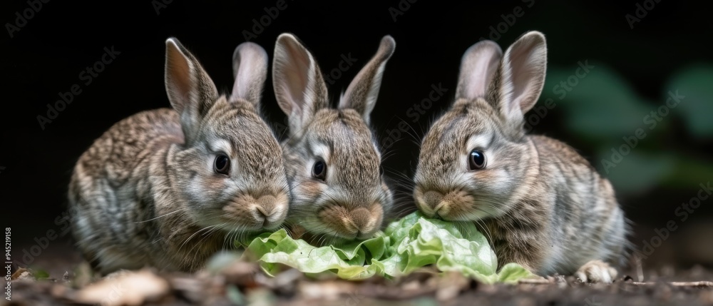 Fototapeta premium Adorable Family of Rabbits Enjoying Fresh Lettuce Feast Together Outdoors