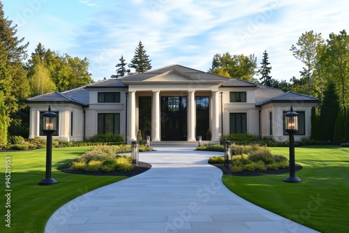 A modern, elegant house with a landscaped front yard and a curved pathway leading to the entrance.