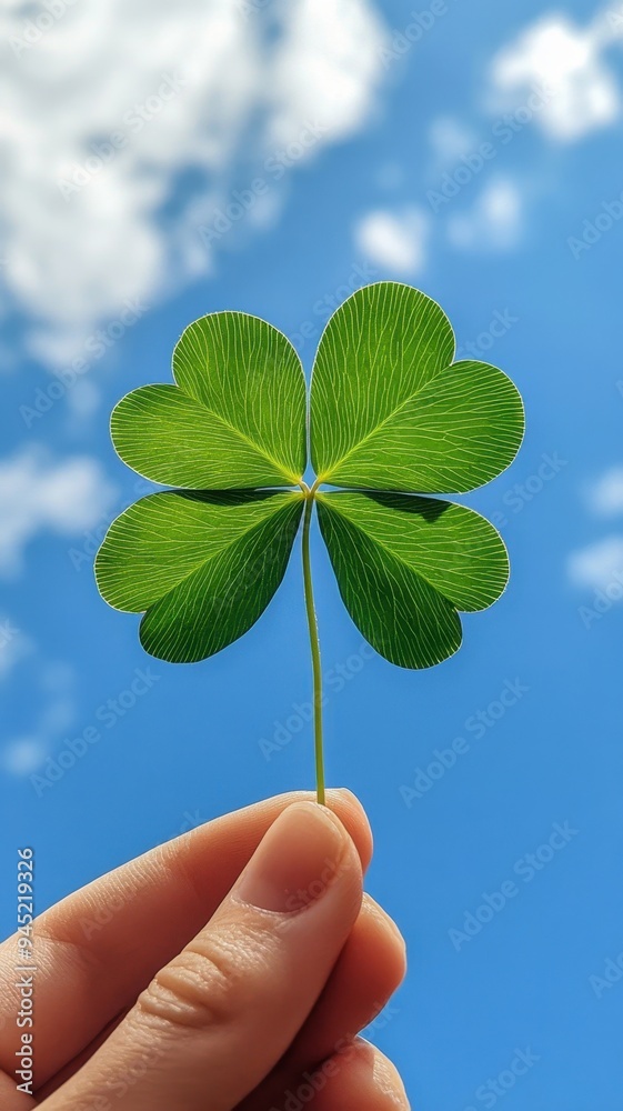 Woman holding green four leaf clover in hand and cloud blue sky background,Patricks day watercolor clipart,Spring flower pattern,Many shamrock plants,the Irish happy background.