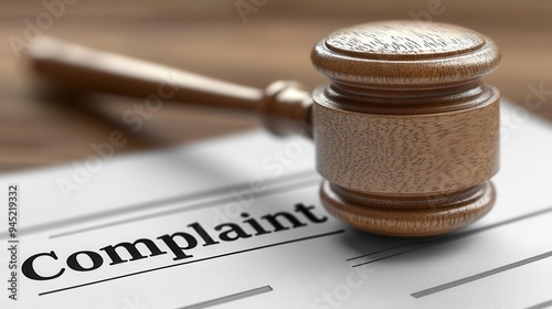 A wooden gavel rests on a document titled Complaint
