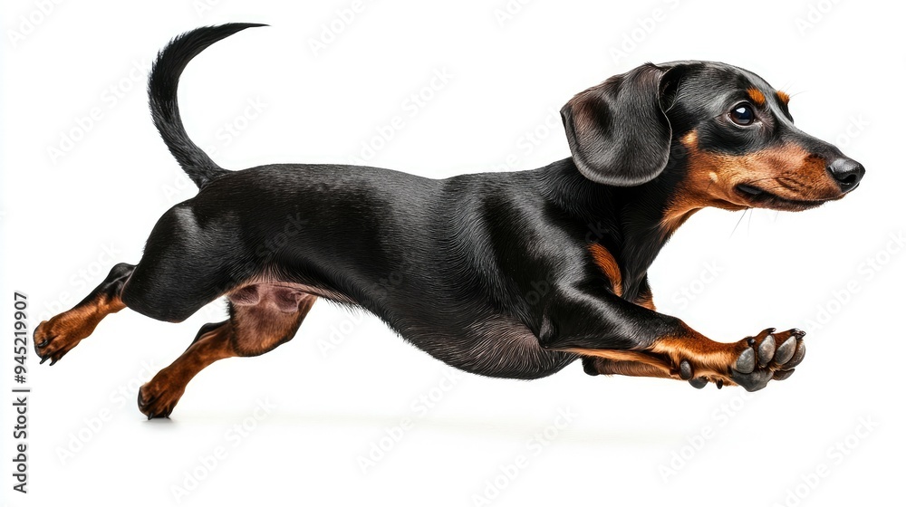 A Black and Tan Dachshund Dog Leaping in Mid-Air A Black and Tan Dachshund Dog Leaping in Mid-Air