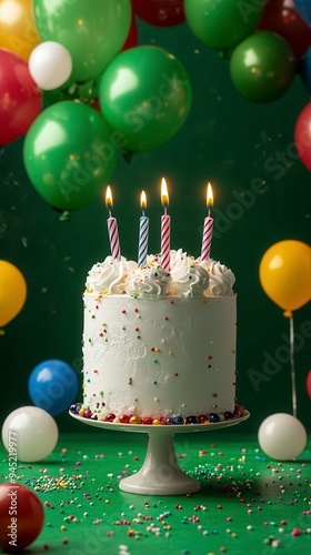 A celebratory birthday cake with lit candles surrounded by balloons and confetti