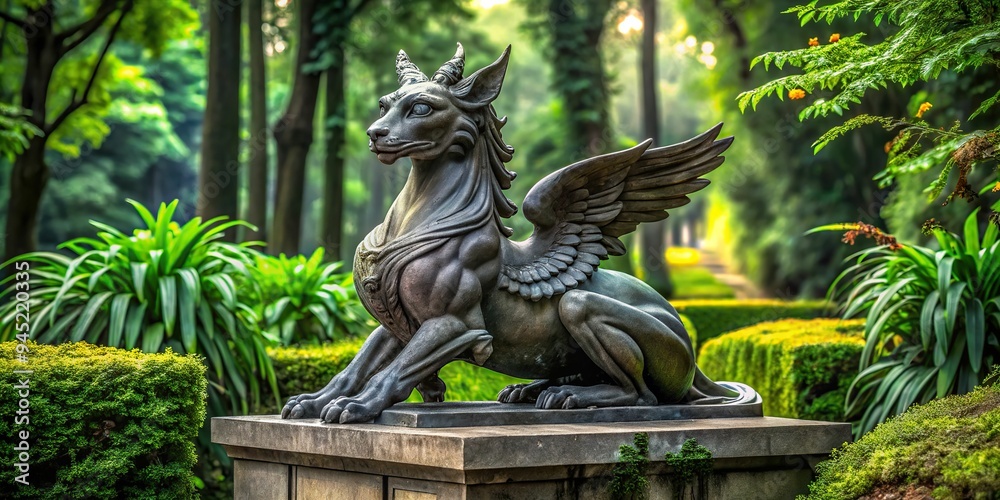 7. A dark gray marble statue of a mythical creature sits atop a stone pedestal, surrounded by lush greenery, a realistic photo image. 7. A dark gray marble statue of a mythical creature sits atop a stone pedestal, surrounded by lush greenery, a realistic photo image.