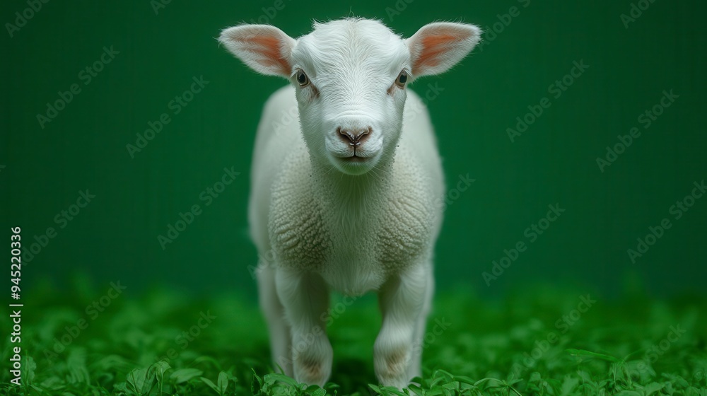 Obraz premium A young lamb standing in a grassy field looking directly at the camera