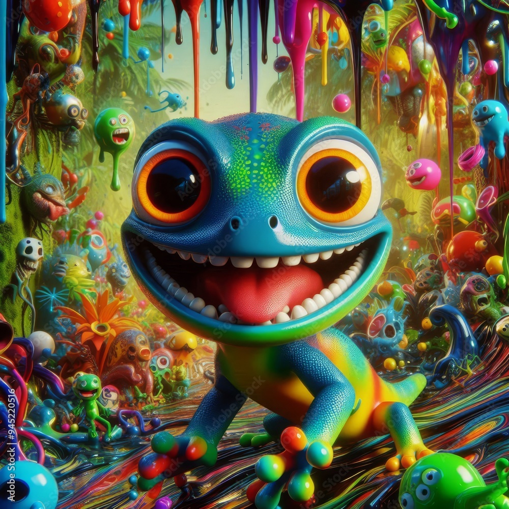 Vibrant Colorful Creature Radiating Joy Amidst a Whimsical Landscape of Colorful Elements and Playful Characters Vibrant Colorful Creature Radiating Joy Amidst a Whimsical Landscape of Colorful Elements and Playful Characters