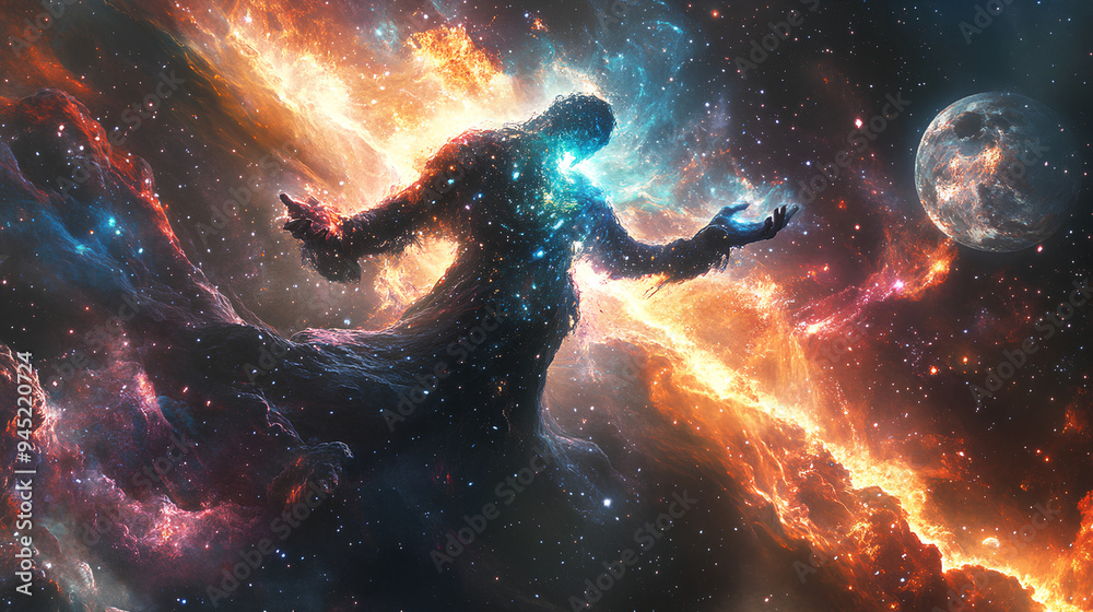 Powerful celestial being of creator power is in the background of neon space nebula Powerful celestial being of creator power is in the background of neon space nebula