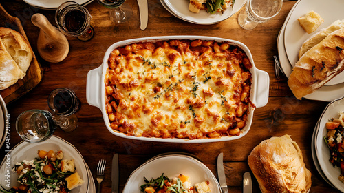 Family Feast A large casserole dish of Cassoulet placed in the center of a wooden dining table, surrounded by family-style sides and a loaf of crusty bread photo