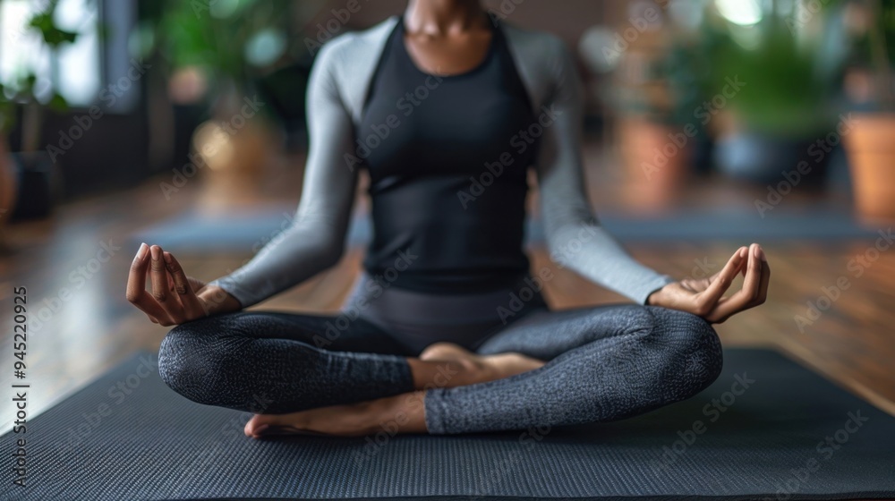 Serene Meditation: A person, seated cross-legged on a yoga mat, breathes deeply with closed eyes, radiating the calm and happiness that comes from inner peace.
Serene Meditation: A person, seated cross-legged on a yoga mat, breathes deeply with closed eyes, radiating the calm and happiness that comes from inner peace.