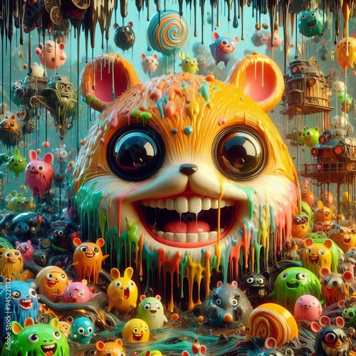 A Whimsical World Filled with Colorful Creatures and a Mega Smiling Bear Captivating All Around in a Vivid Fantasy Landscape