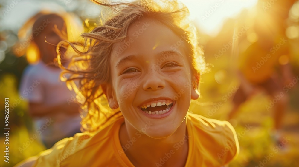 Fototapeta premium Joyful Playtime: Children’s beaming faces and energetic play in the park capture the essence of a vibrant, healthy lifestyle filled with joy and activity. 