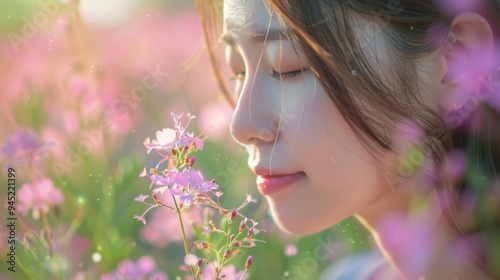 Tranquil Garden: In the quiet of her flower garden, a woman’s calm expression reveals the joy and tranquility she gains from her nurturing connection to nature. 