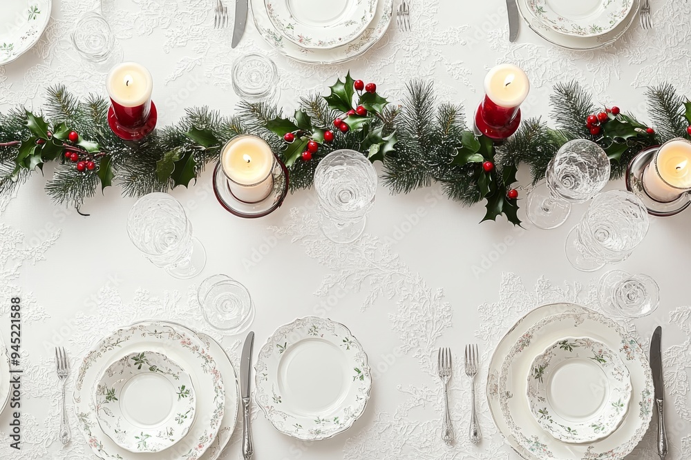 elegant christmas table setting on a white background, flat lay, featuring a delicate lace tablecloth, fine china, and crystal glasses, surrounded by candles and a festive holly garland elegant christmas table setting on a white background, flat lay, featuring a delicate lace tablecloth, fine china, and crystal glasses, surrounded by candles and a festive holly garland