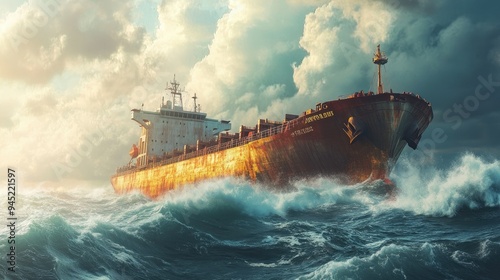 A massive cargo ship in the middle of the ocean, with waves breaking around it.