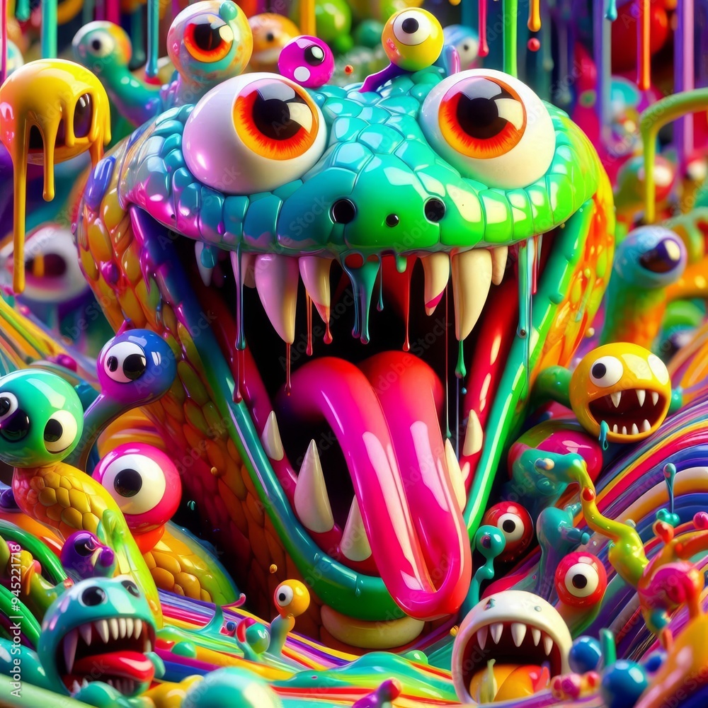 A Colorful Chaotic Jungle of Slithering Monsters and Glistening Eyes Ready to Captivate and Dazzle Anyone Who Stares Too Long. A Colorful Chaotic Jungle of Slithering Monsters and Glistening Eyes Ready to Captivate and Dazzle Anyone Who Stares Too Long.