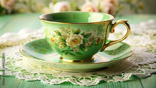 9. A delicate kelly green tea cup with intricate floral patterns sits on a lace-covered tablecloth, a realistic photo image.