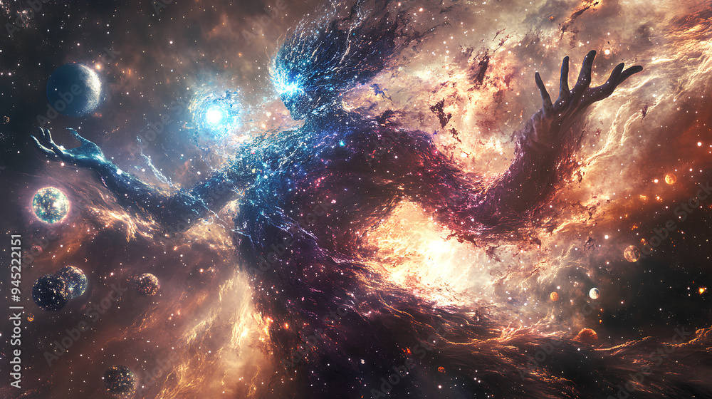 celestial being creator as big as galaxy, psychedelic space nebula background celestial being creator as big as galaxy, psychedelic space nebula background