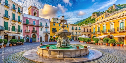 9. A colorful, ornate fountain is the centerpiece of Capri's charming Piazza Umberto I, surrounded by historic buildings, a realistic photo image. photo