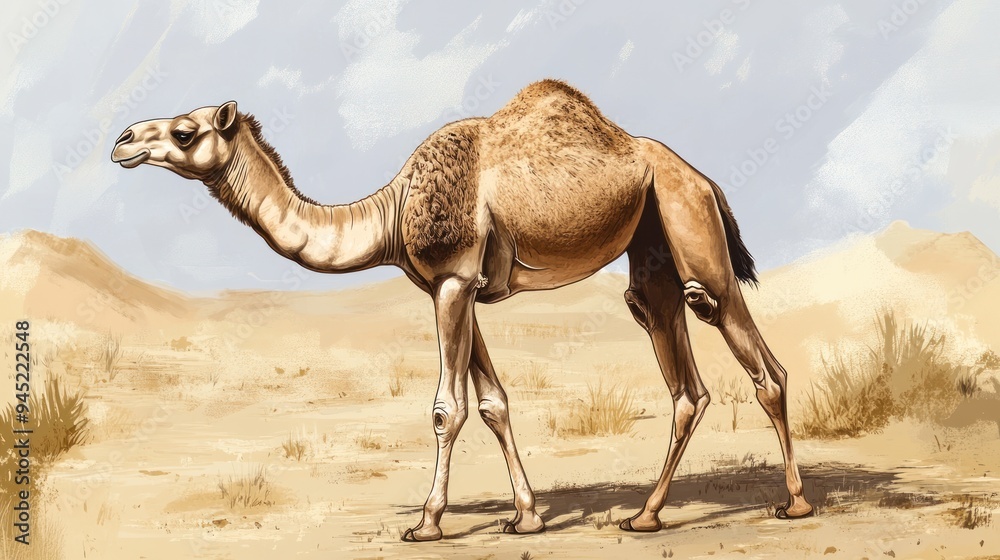 A lone camel walks across the desert under a clear sky. A lone camel walks across the desert under a clear sky.