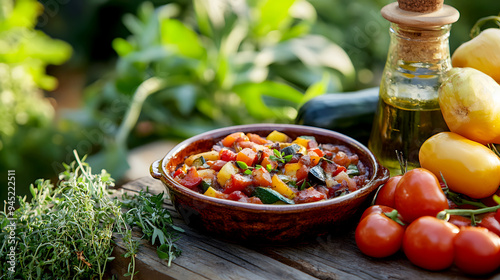 Farm-to-Table A farm-to-table setting with Ratatouille served in a rustic dish, surrounded by fresh vegetables, olive oil, and herbs photo