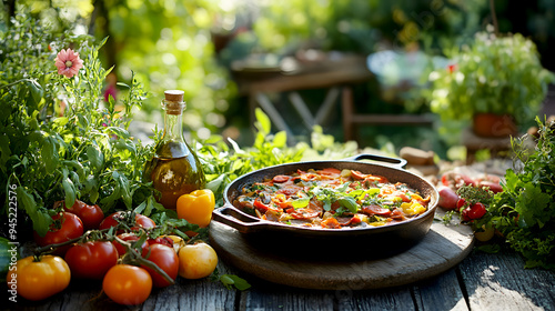 Farm-to-Table A farm-to-table setting with Ratatouille served in a rustic dish, surrounded by fresh vegetables, olive oil, and herbs photo