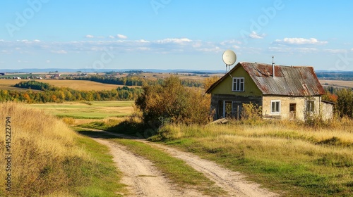 A rural home with a satellite dish, representing remote internet connectivity via satellite. photo