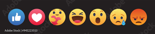 New high resolution Facebook reactions . thumb up, like, heart, love, wow, care, haha ,angry, sad emojis icon. vector collection photo