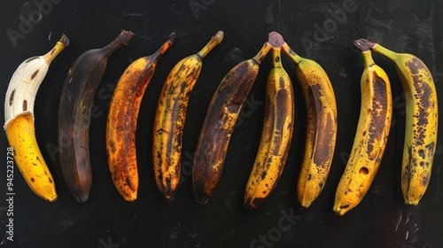 Overripe Bananas on Black Background.