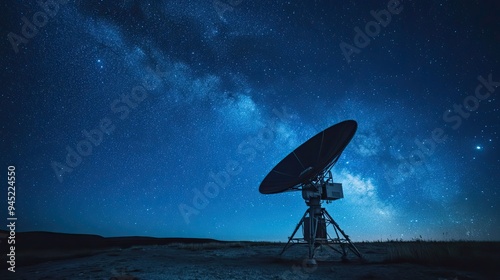 A satellite dish pointing towards space, symbolizing satellite internet connection under a clear sky.