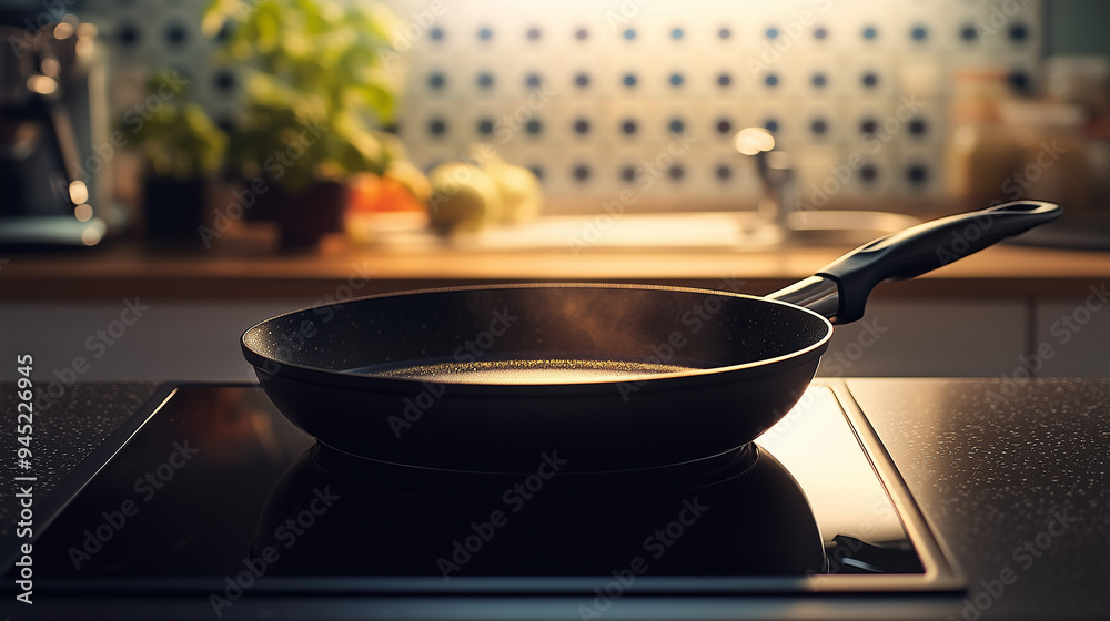 Frying pan on the stove in modern kitchen, evening lighting. Frying pan on the stove in modern kitchen, evening lighting.
