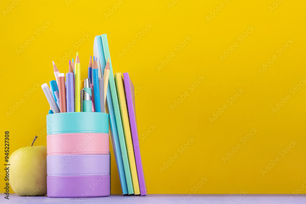 Fototapeta premium Back to school, school bazaar, school accessories background