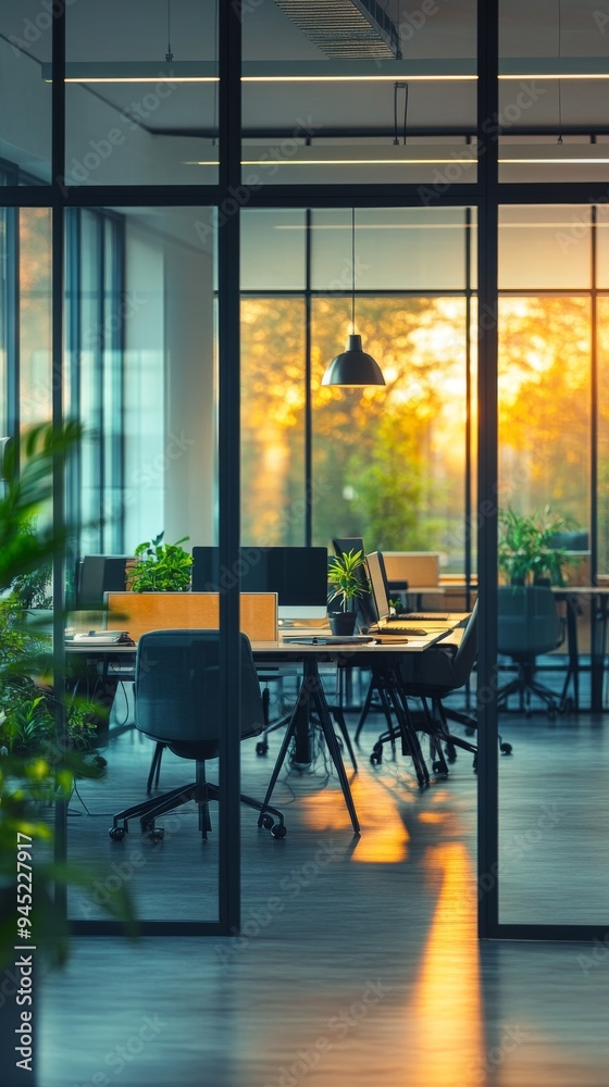 A contemporary office features glass walls and panoramic windows, providing a bright, inviting atmosphere illuminated by warm sunset light. Desks are arranged with greenery A contemporary office features glass walls and panoramic windows, providing a bright, inviting atmosphere illuminated by warm sunset light. Desks are arranged with greenery