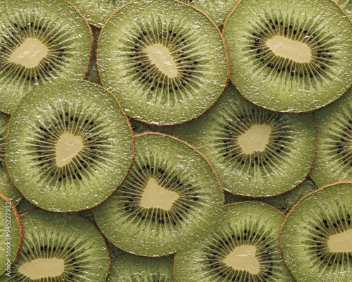 Freshly sliced kiwi fruit with flesh and dark brown seeds. Flat Surface Texture photo