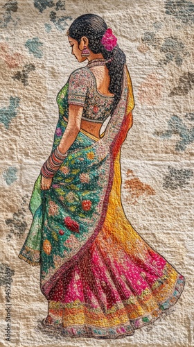 Vibrant Madhubani Art: Colorful Traditional Indian Woman in Sari. Cultural Heritage Illustration for Graphic Design, Advertising, and Marketing. Elegant Ethnic Artwork with Textured Background and Min