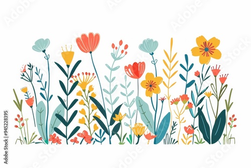 Charming meadow wildflowers and leaves in playful line art, adorned with colorful floral branches, vector illustration on white background