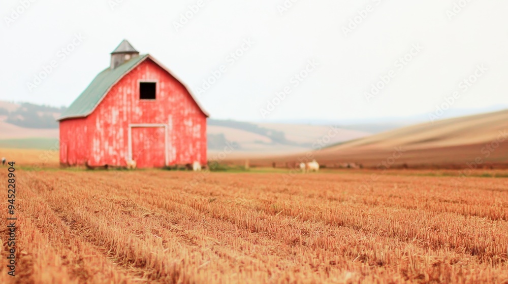 Rustic red barn amidst golden wheat fields in serene countryside landscape Rustic red barn amidst golden wheat fields in serene countryside landscape