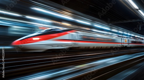 A high-speed train traveling on the tracks at night photo