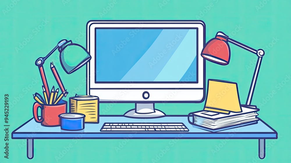 A workspace with a computer and study materials, representing online education. A workspace with a computer and study materials, representing online education.