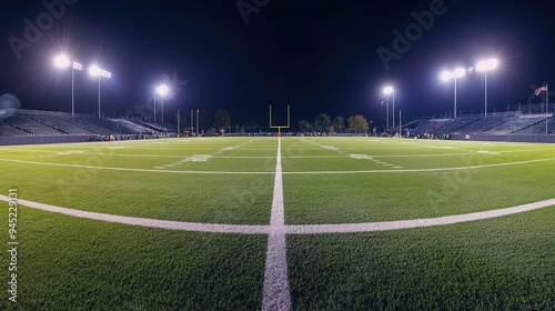 A wide-angle view of a football field under stadium lights, with crisp white lines and goalposts.