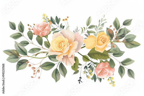 Colorful Delicate botanical illustration of a floral branch with pink and yellow roses, lush green leaves, and wildflowers, vector style on white background