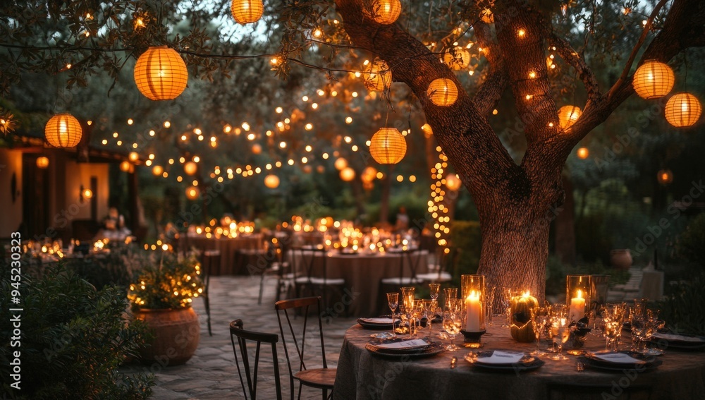 Halloween-themed party decorations, including paper lanterns and fairy lights on an outdoor tree Halloween-themed party decorations, including paper lanterns and fairy lights on an outdoor tree
