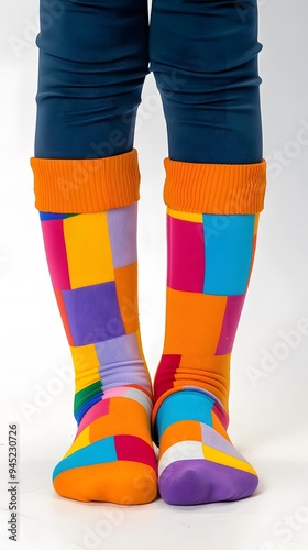 wearing a pair of mainly orange, with purple, blue, yellow, pink color blocks, a pair of colorful socks photo