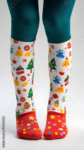 a pair of plain christmas design socks on a white background photo