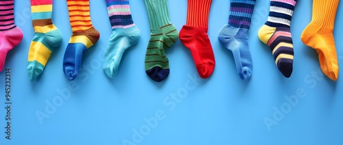 Colorful socks hanging on a clothesline against an isolated blue background, national sock day photo