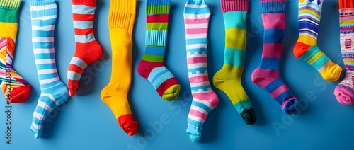 Colorful socks hanging on a clothesline against an isolated blue background, national sock day photo