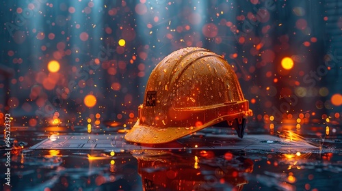 A construction hard hat rests on a futuristic circuit board.