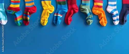 Colorful socks hanging on a clothesline against an isolated blue background, national sock day photo